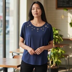 Knapp Studio Top XL Navy Blue Excellent Grommet Eyelet Short Sleeve Blouse